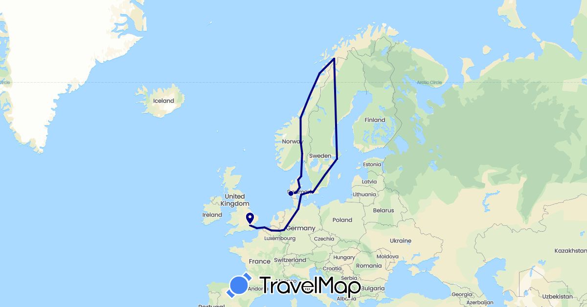 TravelMap itinerary: driving in Belgium, Germany, Denmark, United Kingdom, Norway, Sweden (Europe)